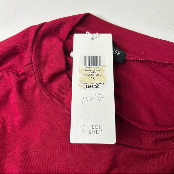 EILEEN FISHER Size‎ 1X China Red Mock Neck Lightweight Viscose Jersey Tunic Top.
